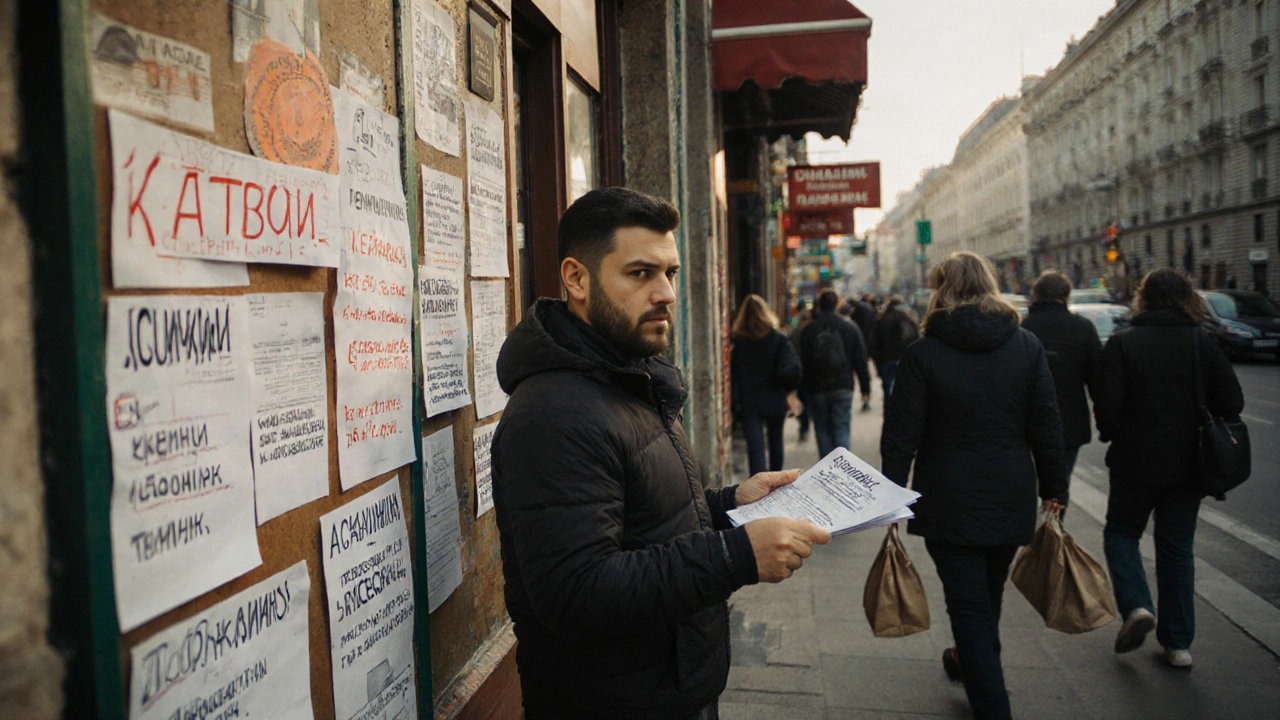 Шукач роботи роздає листівки на вулиці біля дошки з вакансіями у Києві.