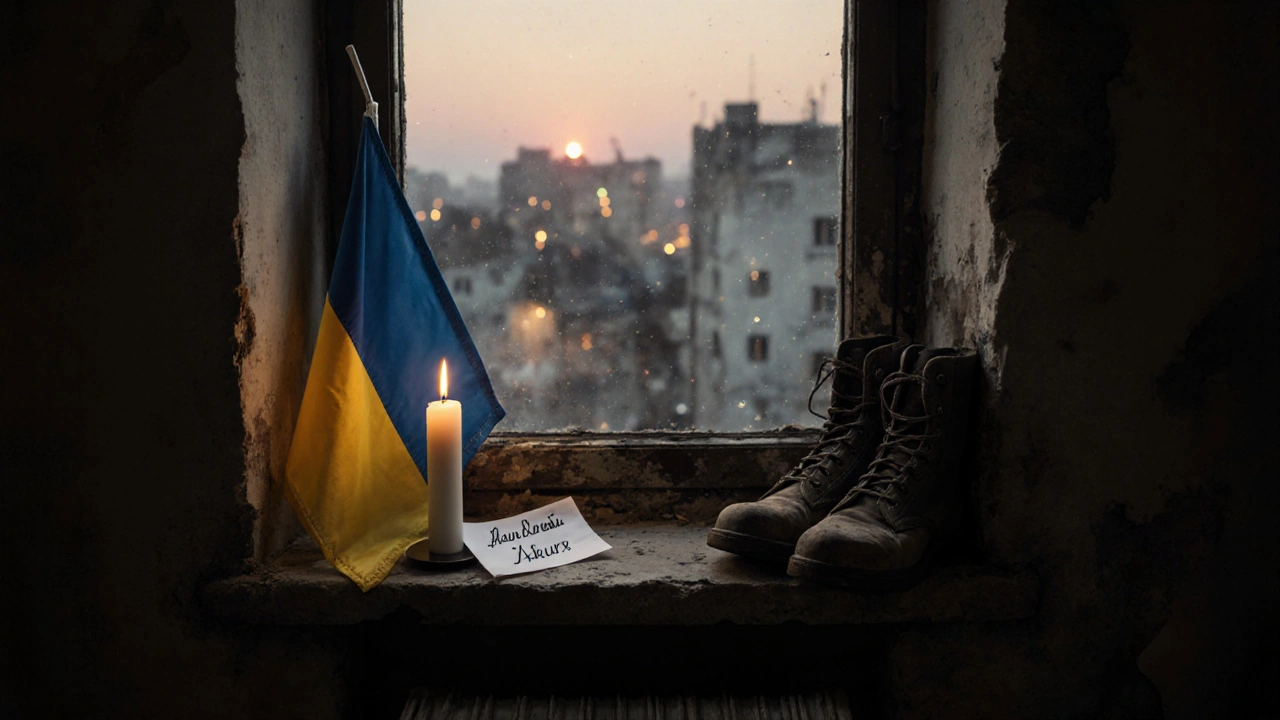 Свічка на вікні зруйнованого будинку в Києві з нотаткою «Дякую» і згорнутим прапором.