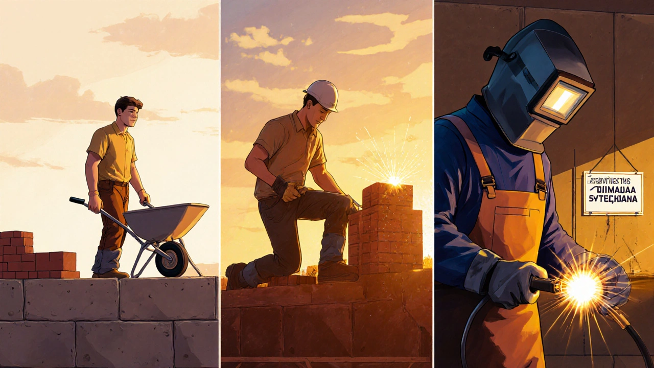 Три етапи кар'єри будівельника: підсобник, майстер, зварювальник зі знаком бригади.