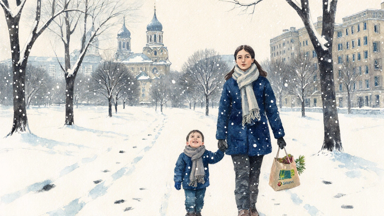 Волонтер і дитина йдуть рука об руку через сніговий парк в Києві з пакетом їжі.