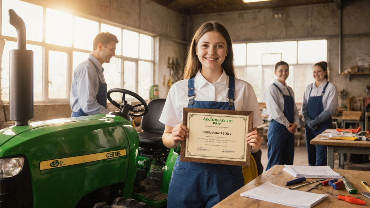 Жінка отримує посвідчення тракториста в навчальному центрі «Агротех», стоїть біля зеленого трактора, інструктори поруч, сонячне світло.