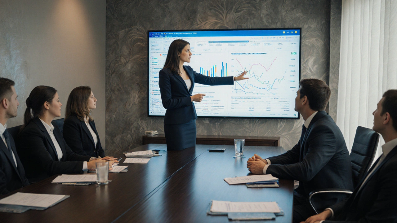 Жінка-помічник керівника проводить зустріч у бізнес-кімнаті, представляючи дані команді.