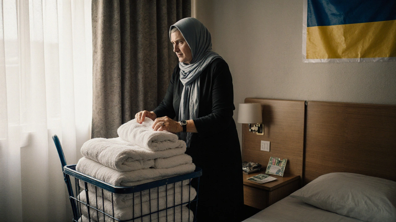 Жінка складає білизну в маленькому готельному номері з сонячним світлом.