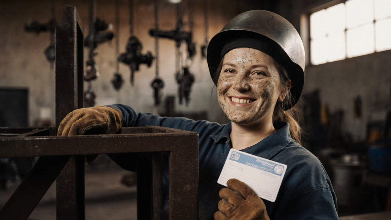 Жінка-зварювальниця з посвідченням і рукавицями стоїть біля готової металевої конструкції.