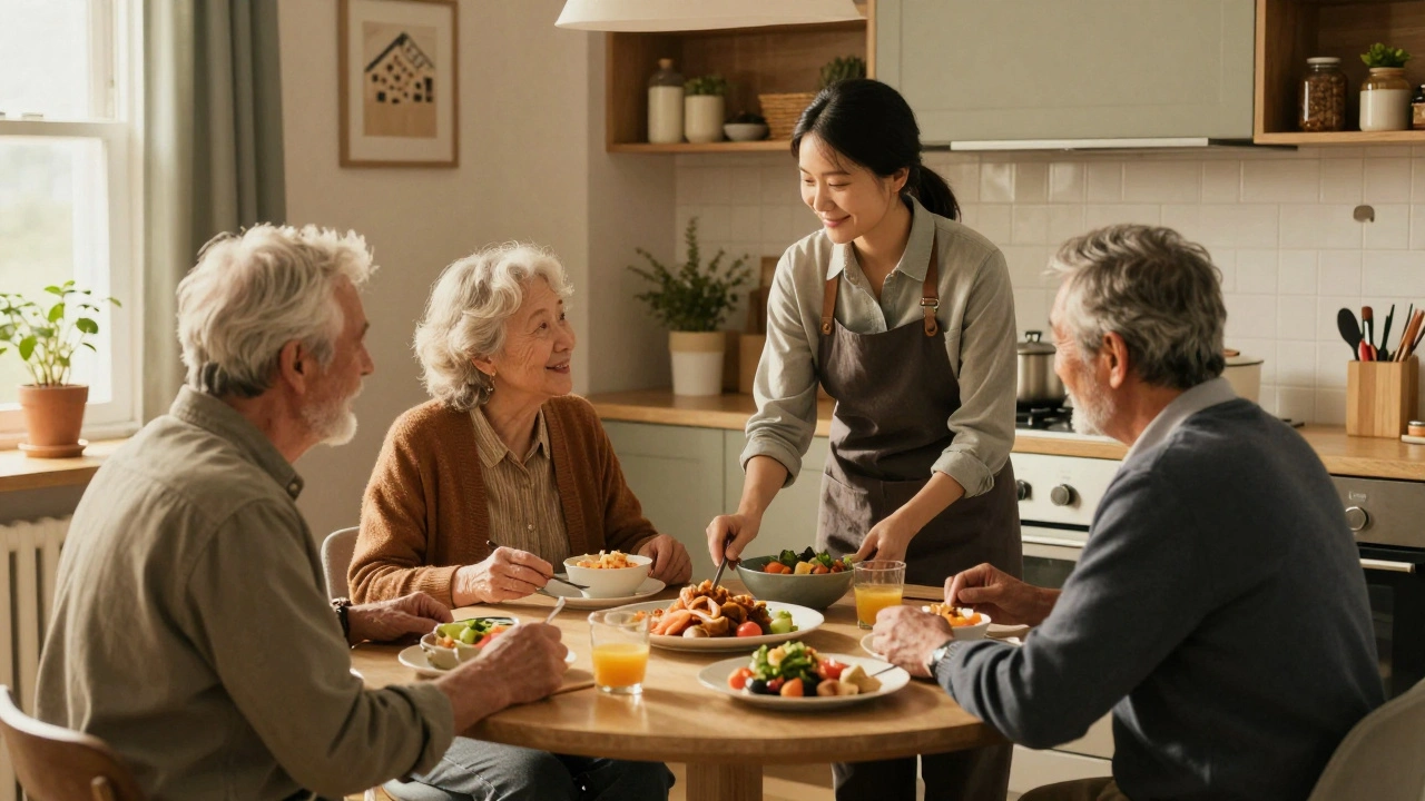 Домашня працівниця їсть зі старшою парою в кухні, кіт сидить поруч, атмосфера тепла та довіри.