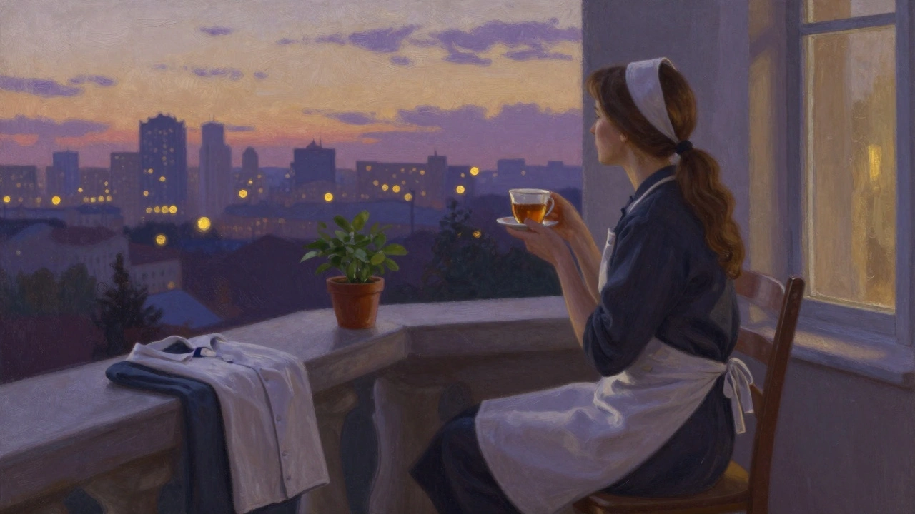Домробітниця відпочиває на балконі вдома, дивиться на закат Києва, чашка чаю в руці, спокійна атмосфера.
