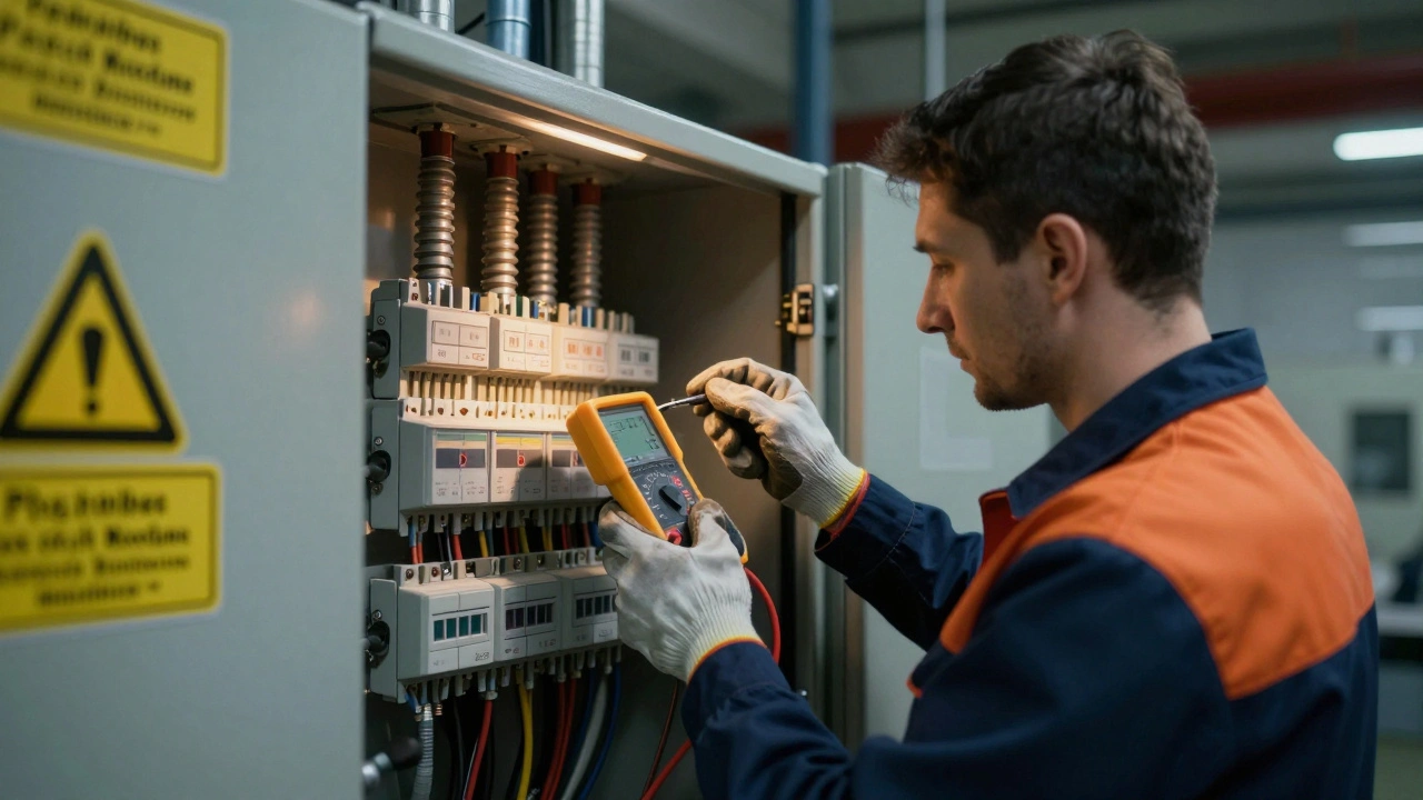 Досвідчений електрик працює з високовольтним обладнанням на промисловому об'єкті.