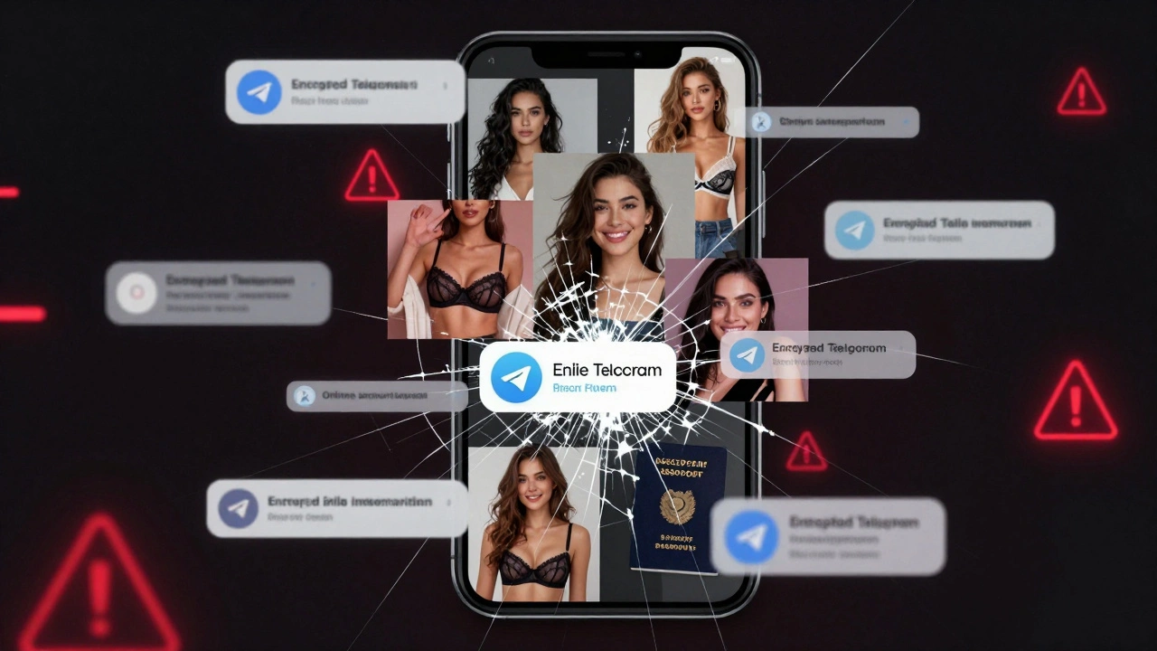 Фрагменти фото та паспортних даних на екрані смартфона, оточені попереджувальними символами в цифровому стилі.