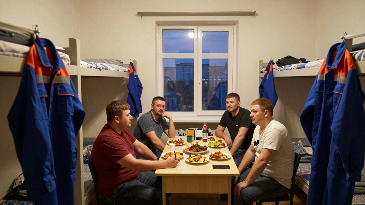 Група електриків відпочиває у службовому гуртожитку після вахти.