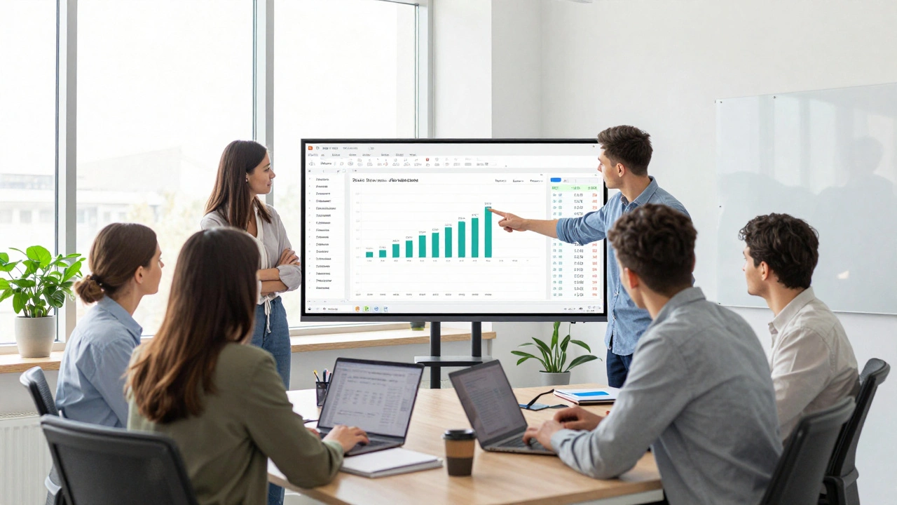 Група молодих працівників працює в сучасному офісі з екраном, де відображено дані продажів у Google Таблицях.