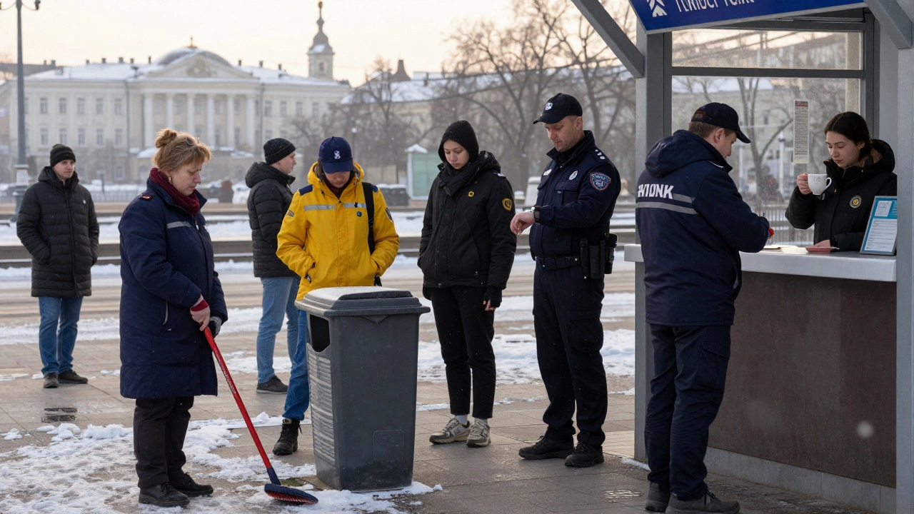 Група працівників метро на перерві: уборщиця, студент і охоронець під світлом ранкового сонця.