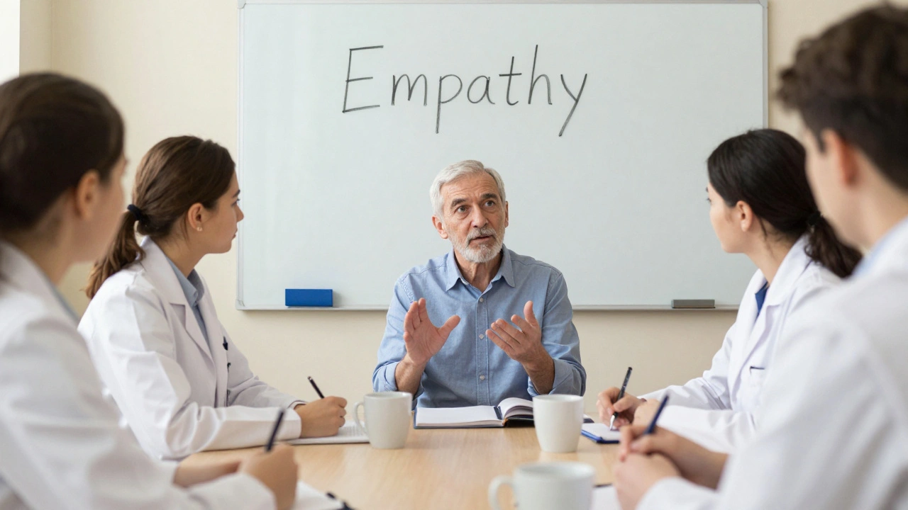 Група психологів на супервізії в клініці Києва: один веде бесіду, інші слухають і записують.