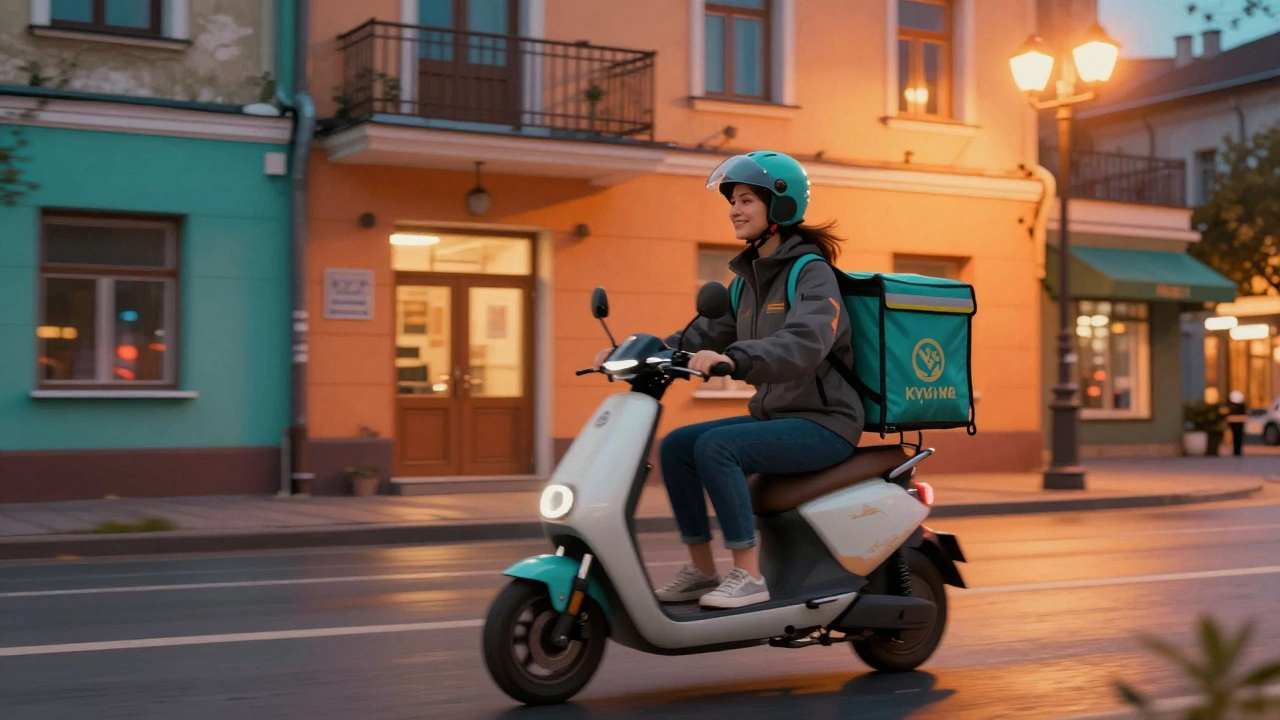 Кур'єрка на електросамокаті доставляє їжу ввечері в Києві