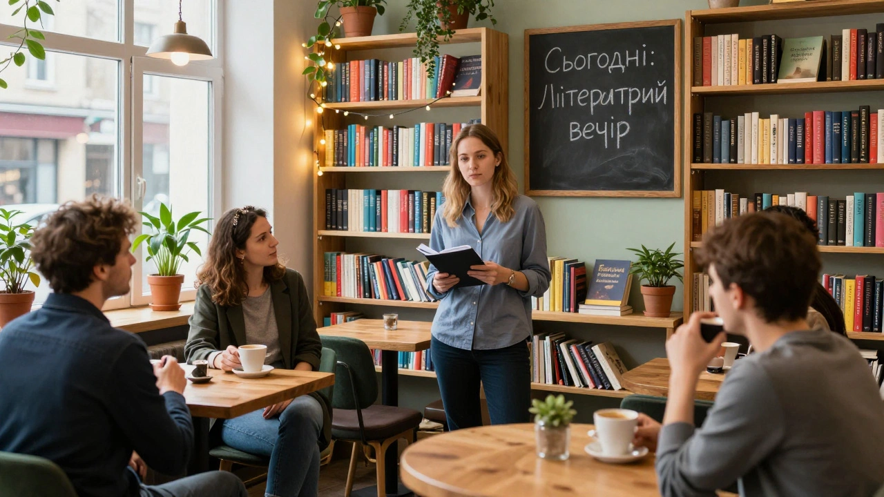 Літературний вечір у книжковому кафе: поет читає вірші перед невеликою аудиторією.