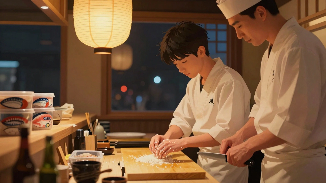 Молодий учень вивчає мистецтво суши під наглядом майстра в нічній зміні.