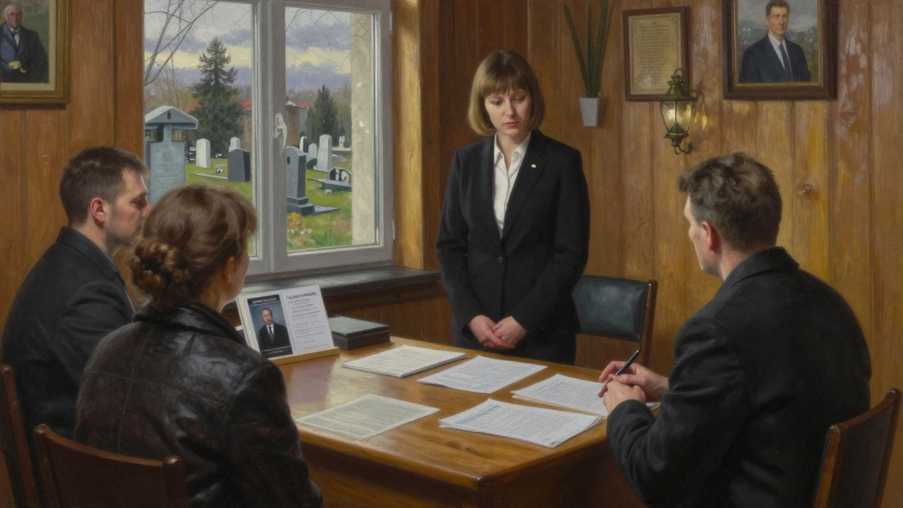Організатор похоронів спілкується з родиною в офісі кладовища, на тлі — надгробки та вікно.