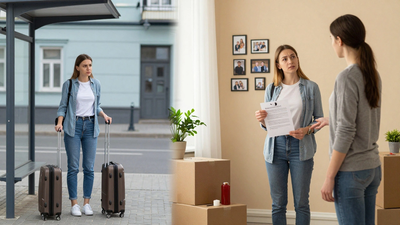 Порівняння: жінка прибуває до Києва з валізою і та сама жінка, що допомагає новій працівниці з підписаним договором.