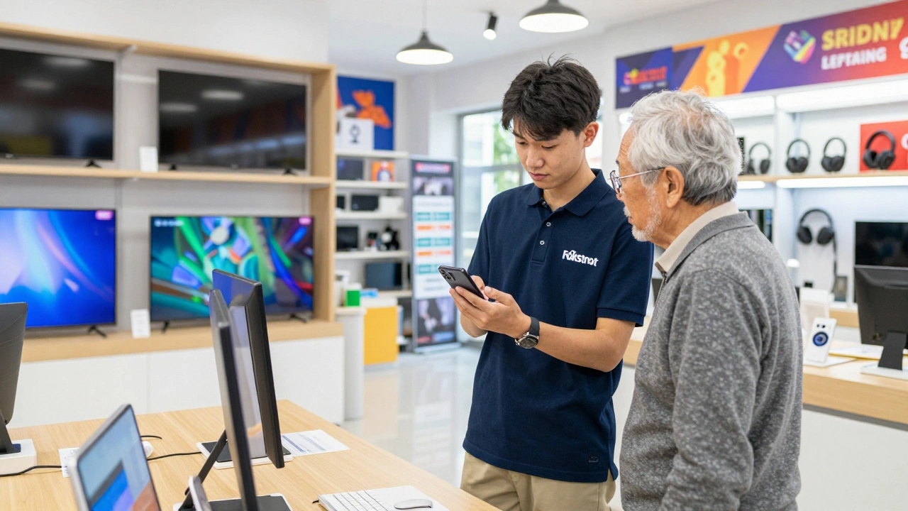 Продавець показує смартфон клієнту в магазині електроніки Фокстрот.
