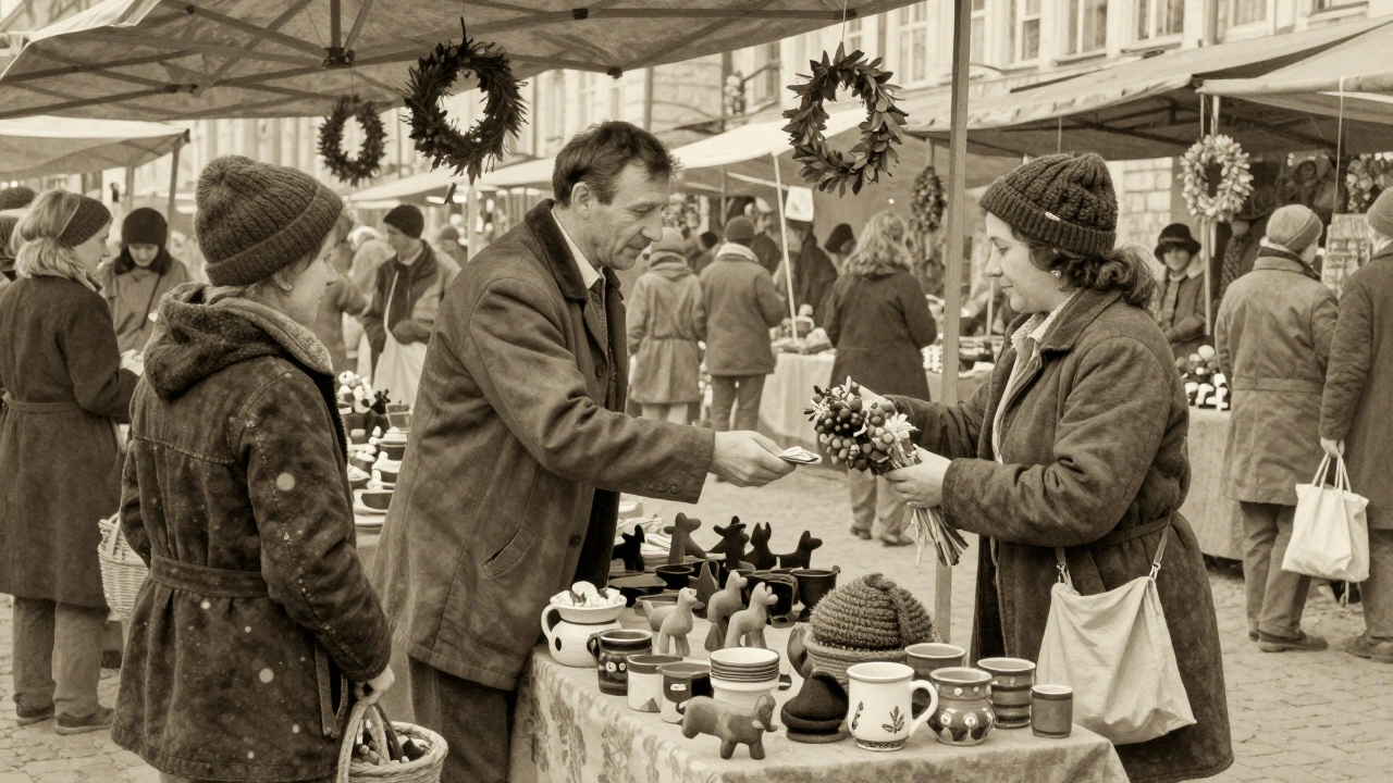 Ринок у Києві з продавцями, що продають ручні вироби: шапки, кружки, дерев’яні іграшки.