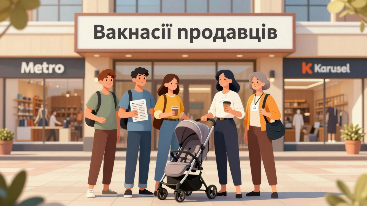 Різні люди стоять перед табличкою з вакансіями продавців у торговому центрі на Лівому березі.