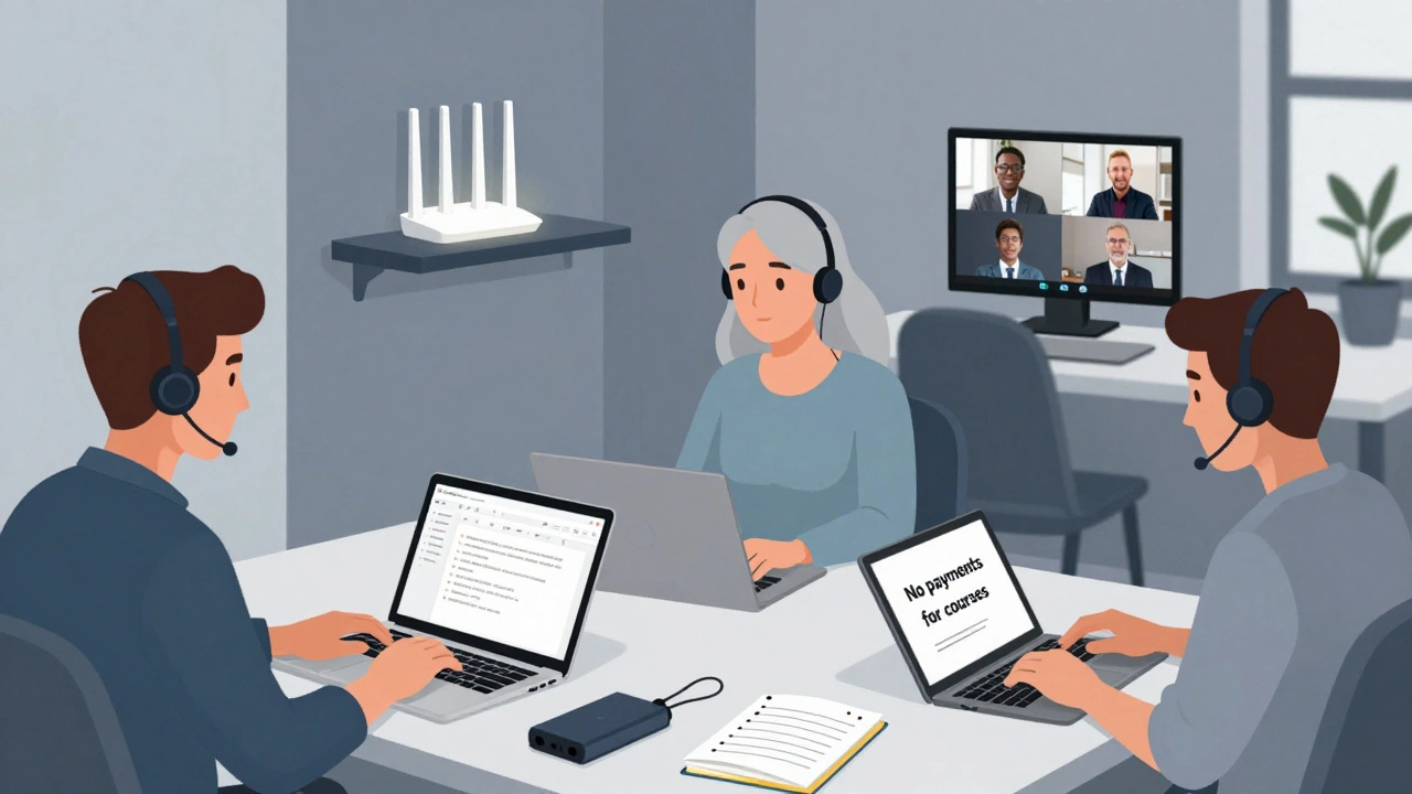 Різні працівники працюють віддалено вдома в Києві з ноутбуками, навушниками та роутером на тлі віртуальних зустрічей.