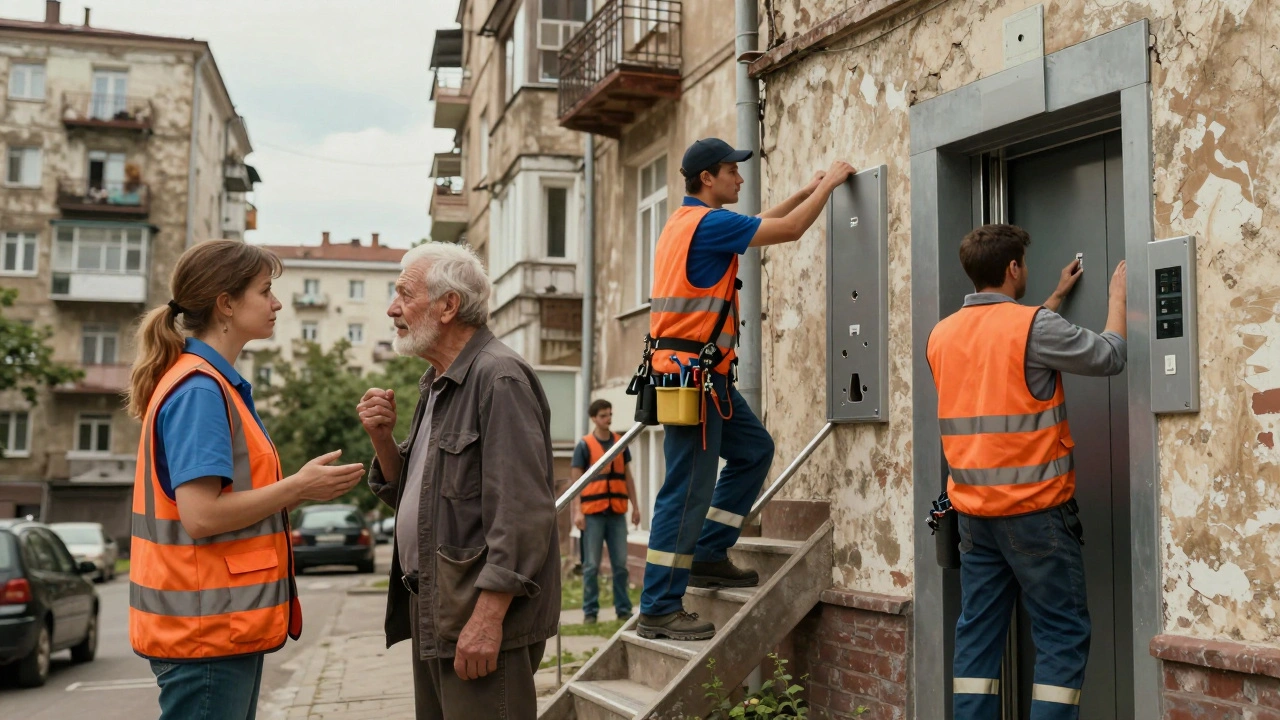 Різноманітна група працівників ЖКГ обслуговує житловий будинок у Києві: приймають звернення, чинять ремонт, перевіряють ліфт.