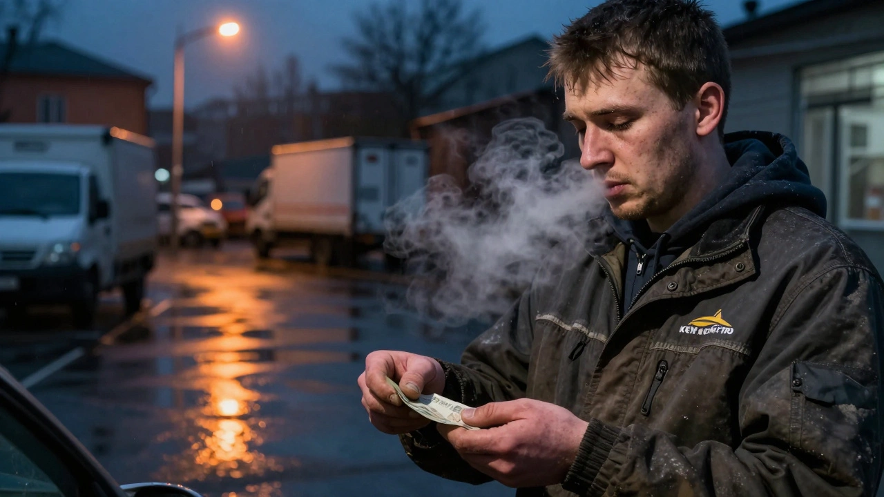 Робітник отримує готівку після нічної зміни біля складу в Деснянському районі