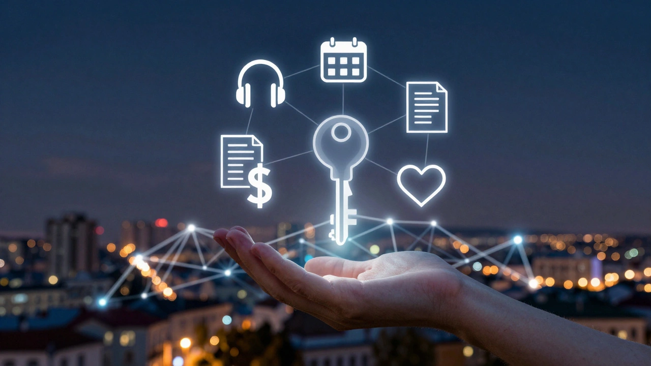 Рука тримає ключ з іконами роботи: навушники, календар, гроші, серце — над панорамою Києва вночі.