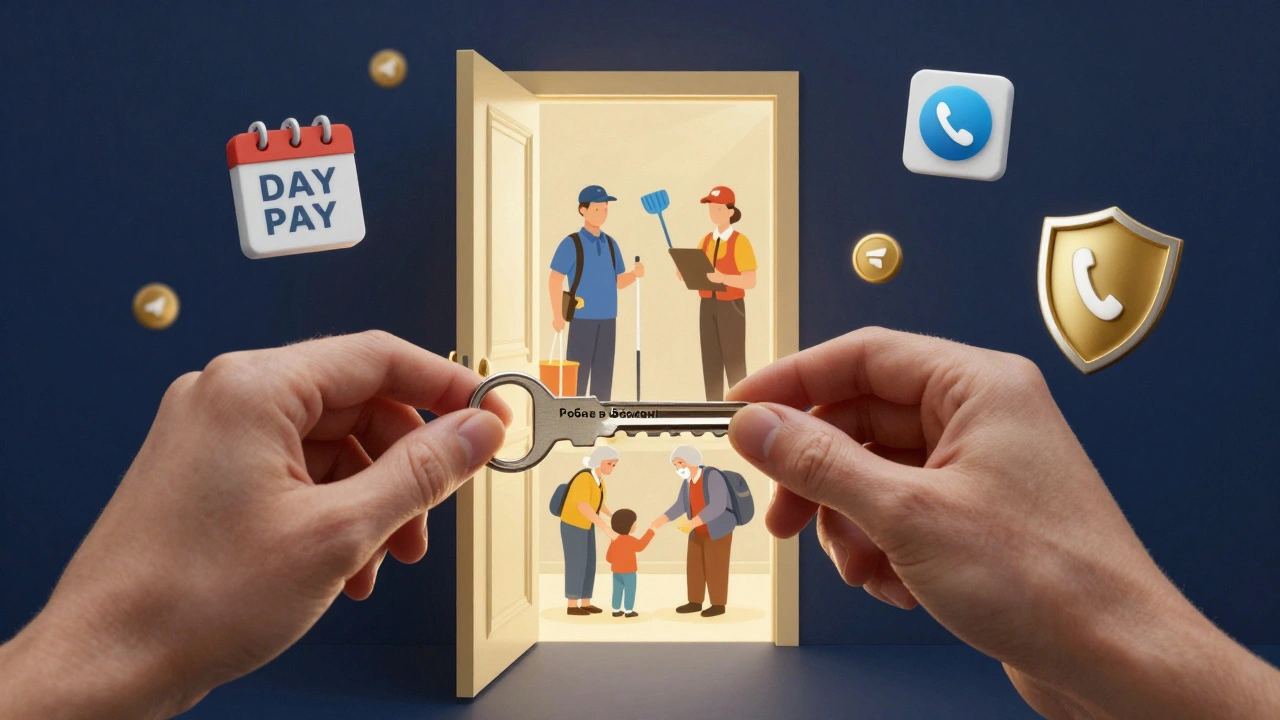 Рука відкриває двері з написом «Робота в Оболоні», за якими видно різні професії, іконки щоденної оплати та захисту від обману.