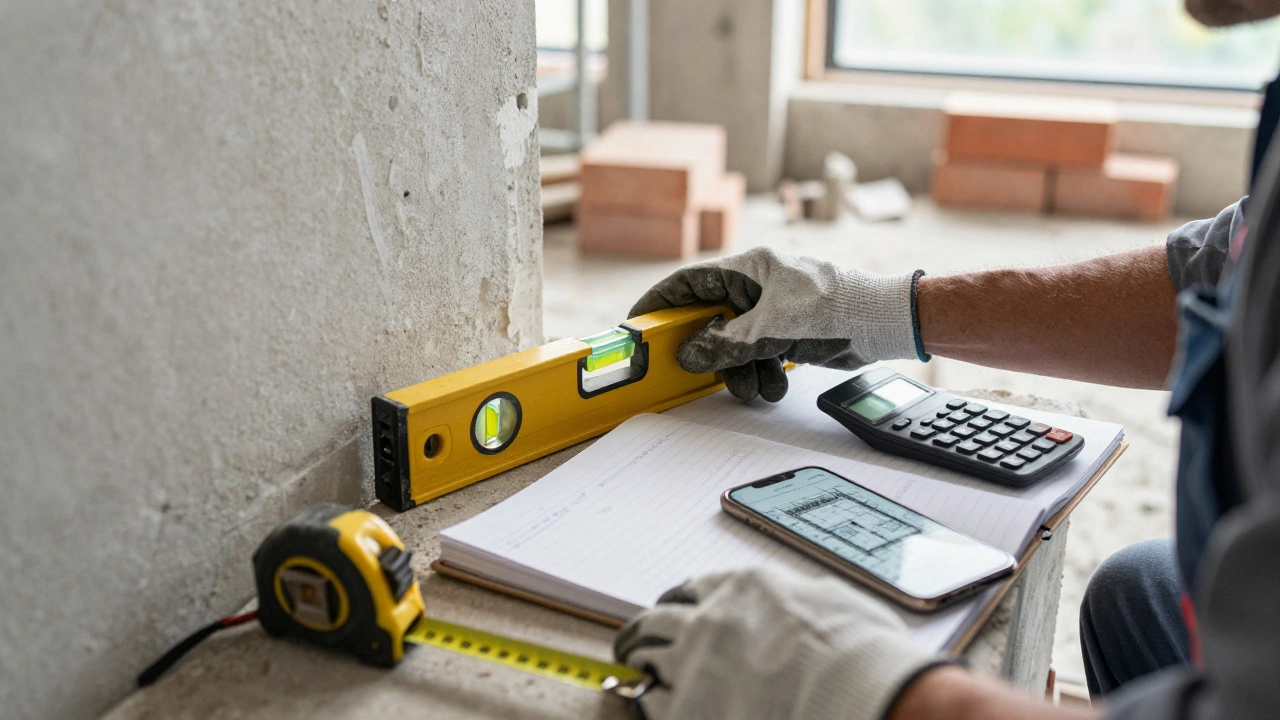 Руки прораба перевіряють рівень стіни, поруч — журнал робіт і інструменти.