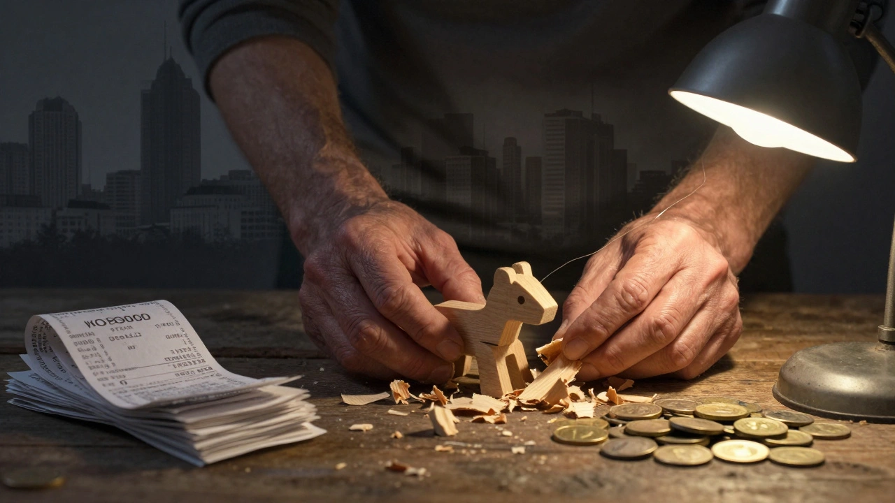 Руки роблять дерев’яну іграшку, біля них — розписки та монети, на тлі — міський силует.