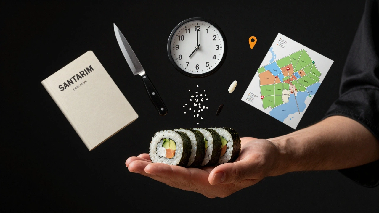 Руки сушиста з елементами, що символізують професію: час, чистота, ніж і місце роботи.