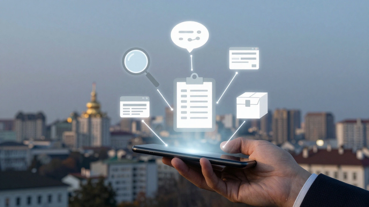 Символічне зображення різних видів роботи з дому, з'єднаних зі схемою Києва.