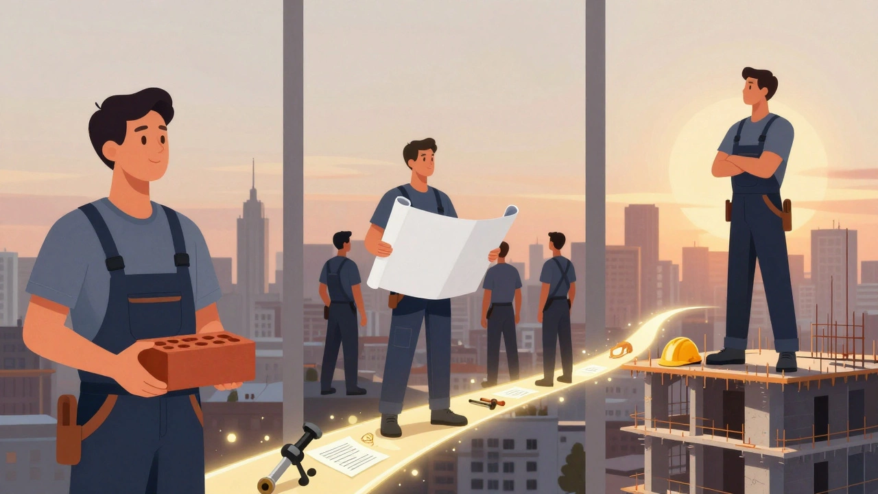 Шлях прораба: від робітника до керівника будівництва, зображені три етапи професійного зростання.