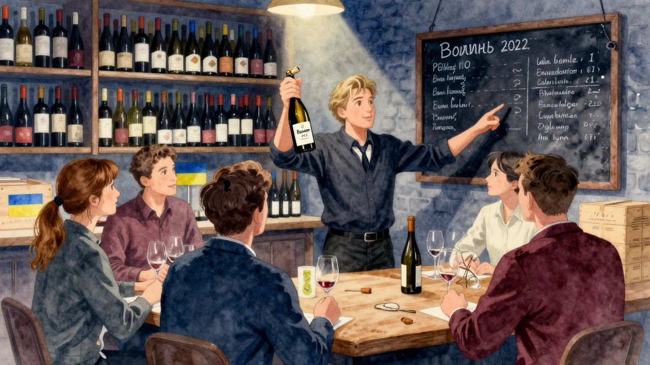 Сомельє проводить дегустацію винного бару, на стіні — нотатки про вино з Волині.