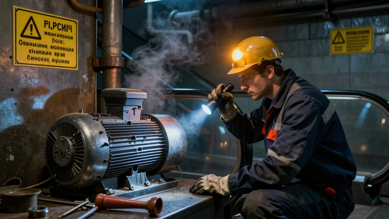 Технік у темному депо перевіряє ескалатор уночі з ліхтарем, оточений інструментами та обладнанням.