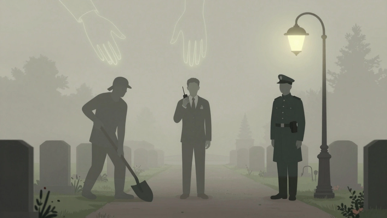 Три символічні фігури працівників кладовища — копач, диспетчер, охоронець — ідуть стежкою серед могил у тумані.