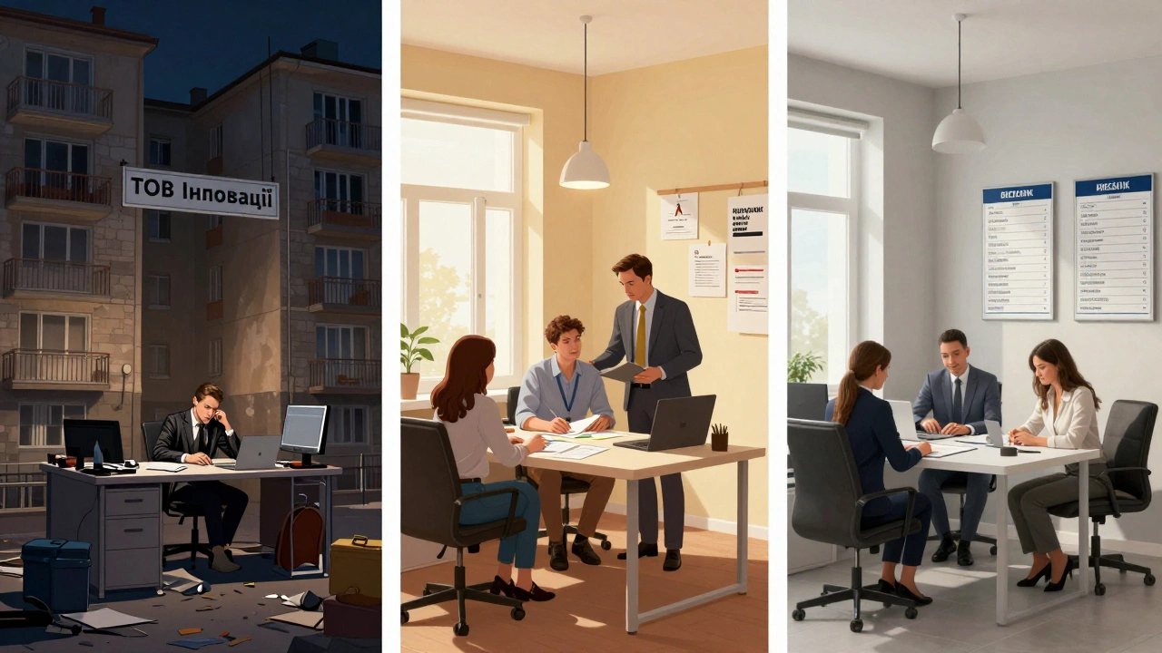 Три типи офісів у Києві: фейковий, навчальний і професійний — порівняння в ілюстрації.