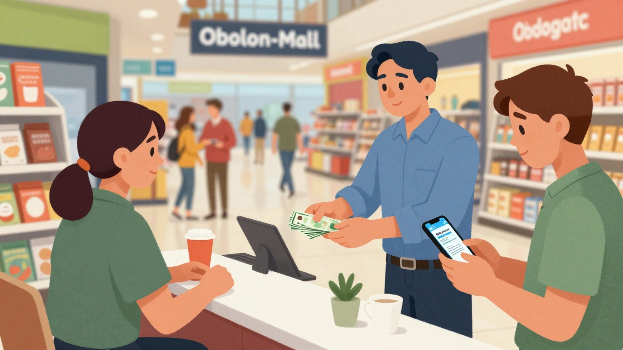 У ТРЦ «Оболонь-Молл» люди шукають роботу: одна спілкується з босом, інша отримує готівку, третя дивиться на вакансію в Telegram.