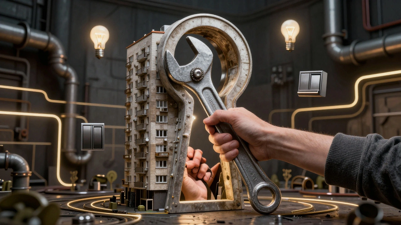 Величезний замок у формі будинку, який відкривається ключем, символізує підтримку міської інфраструктури.