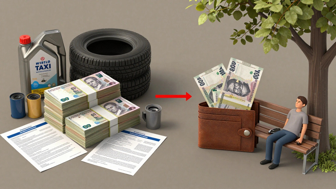 Візуальне порівняння доходів і витрат таксиста: гроші зібрані навколо витрат, а частина — у гаманці з людиною на відпочинку.