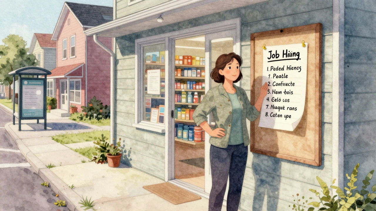 Жінка дивиться на дошку з вакансіями біля аптечки, навколо — тихий житловий район.