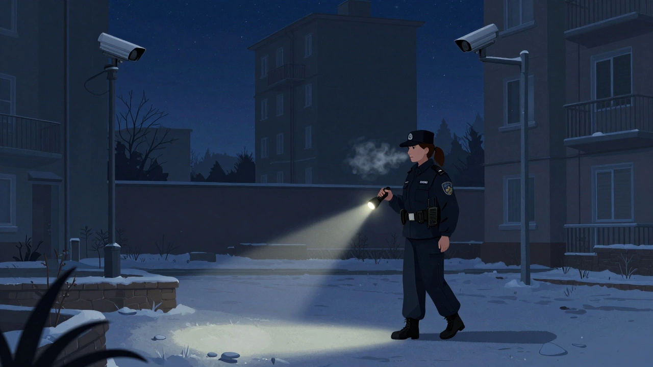 Жінка-охоронець патрулює дворик житлового комплексу вночі з ліхтариком у руці.