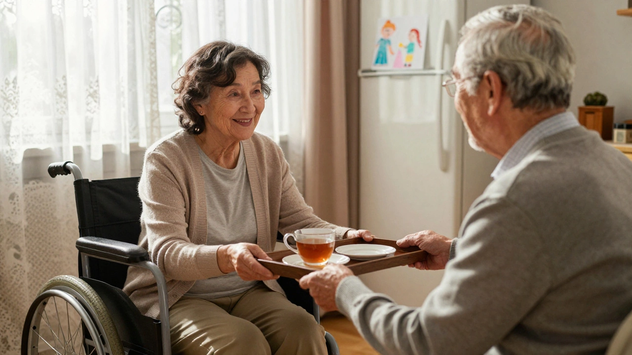 Жінка подає чай пожилому чоловікові вдома, дитячий малюнок на стіні.