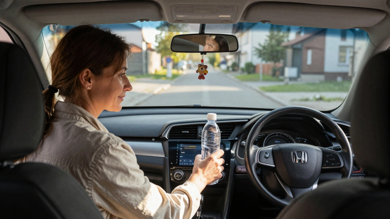 Жінка-таксист у своєму авто передає пасажирові воду, спокійна атмосфера в житловому районі.