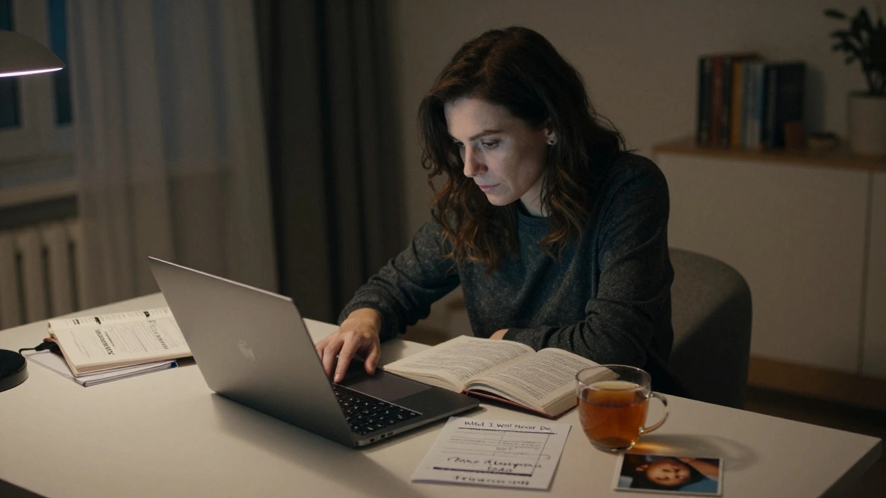 Жінка вдома вночі аналізує доходи, поруч — записки про межі та фото дитини.