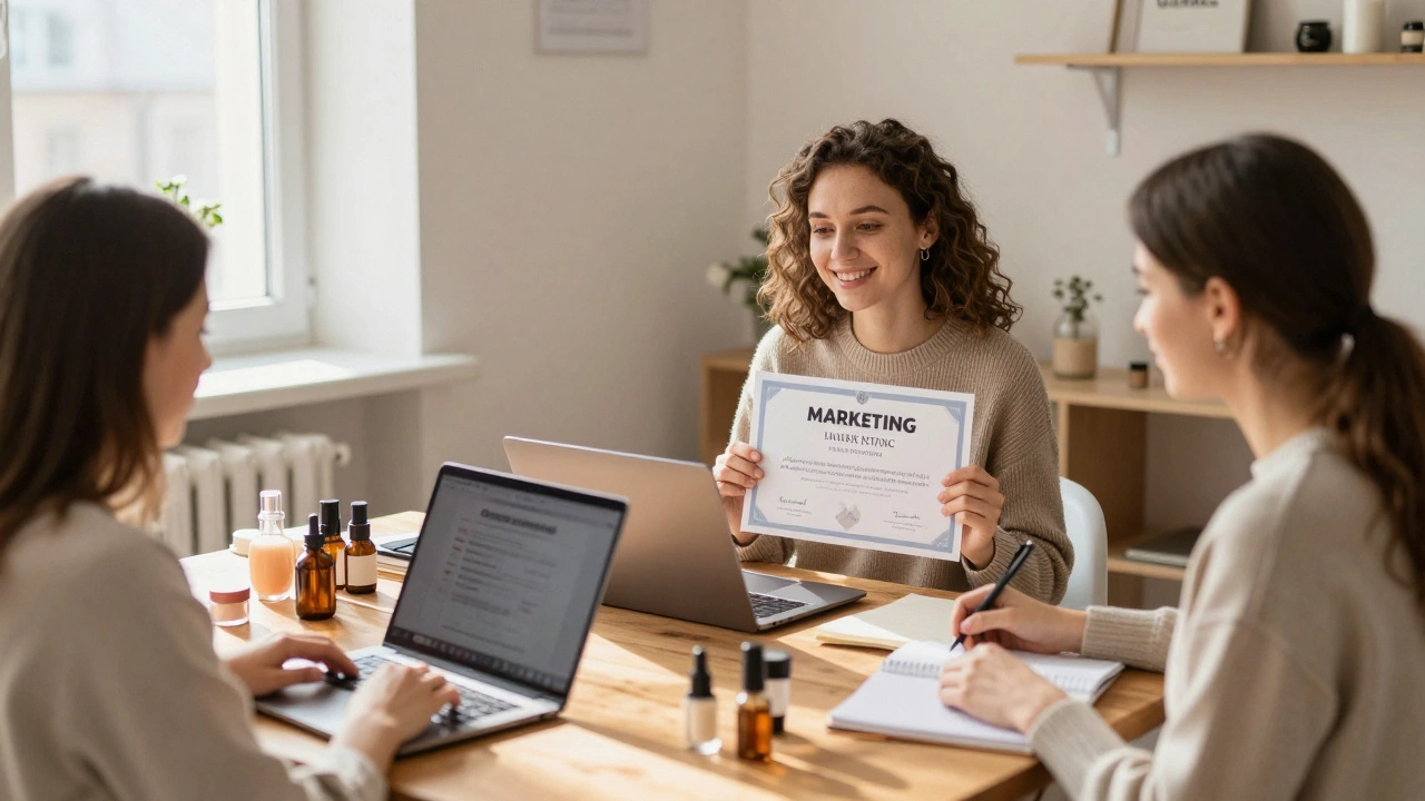 Жінки в центрі підтримки працюють з ноутбуками і натуральними косметичними засобами, сонячне світло, атмосфера надії.