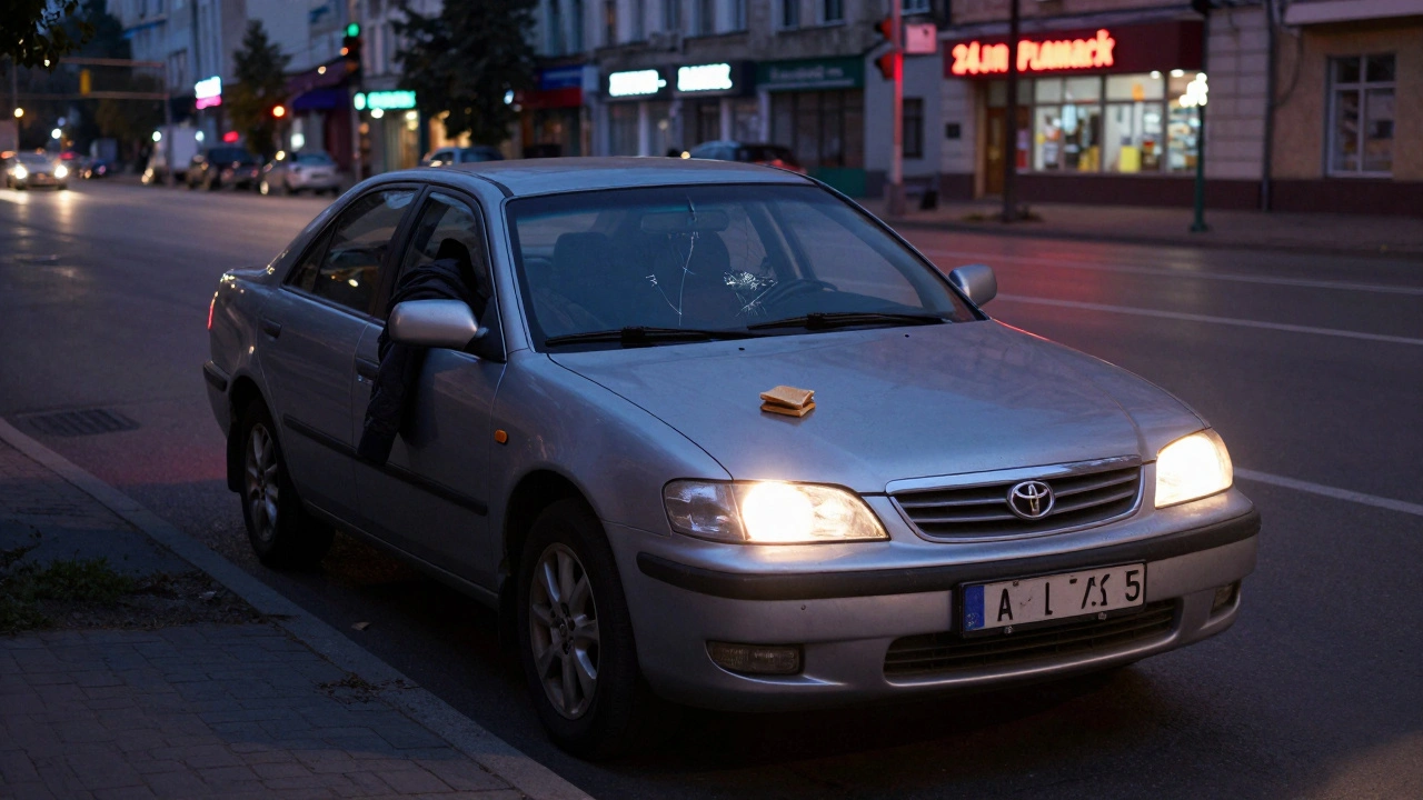 Зношений Toyota Camry вночі в центрі Києва з водієм, що відпочиває за рулем