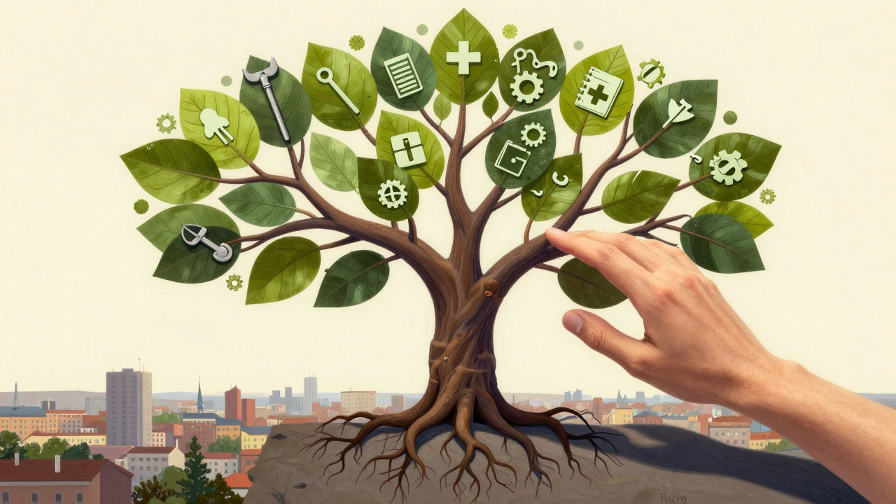 Дерево з 17 гілками, кожна з яких — рік досвіду, з листям у формі інструментів і символів професій.