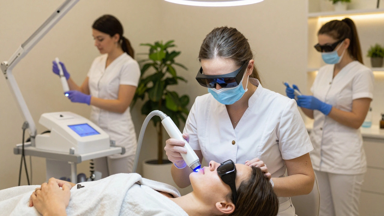 Дерматолог проводить лазерну процедуру в косметологічному центрі Києва.